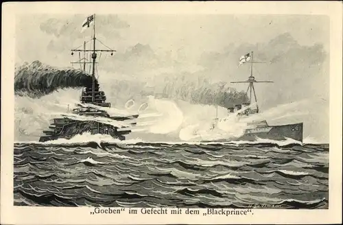 Künstler Ak Saltzmann, M., Deutsches Kriegsschiff, Goeben, englisches Kriegsschiff Blackprince