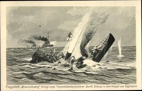 Künstler Ak Saltzmann, M., Deutsches Kriegsschiff, Flaggschiff Braunschweig, Torpedobootzestörer