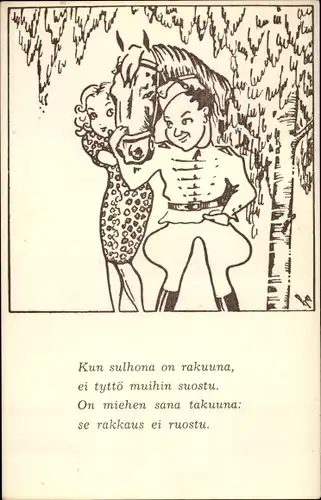 Künstler Ak Kun sulhoma on rakuuna, finnischer Soldat mit Pferd und Frau