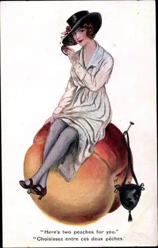 Künstler Ak Here's two peaches for you, Frau sitzt auf einem Pfirsich