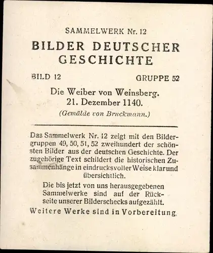 Sammelbild Bilder deutscher Geschichte Nr. 12 Die Weiber von Weinsberg 1140, Reemtsma 1935