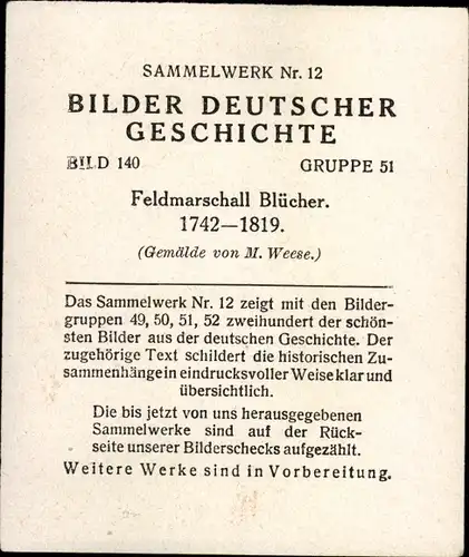 Sammelbild Bilder deutscher Geschichte Nr. 140, Feldmarschall Blücher, Reemtsma 1935