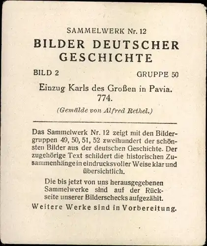 Sammelbild Bilder deutscher Geschichte Nr. 2, Einzug Karls des Großen in Pavia 774, Reemtsma 1935