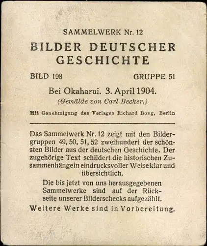 Sammelbild Bilder deutscher Geschichte Nr. 198, Bei Okaharui, 1904, Reemtsma 1935