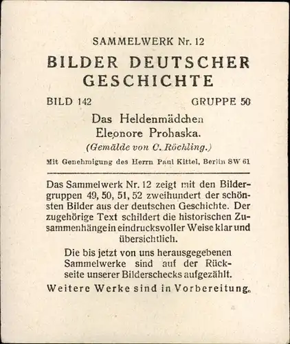 Sammelbild Bilder deutscher Geschichte Nr. 142, Das Heldenmädchen Eleonore Prohaska, Reemtsma 1935