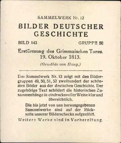 Sammelbild Bilder deutscher Geschichte Nr. 143 Erstürmung des Grimmaischen Tores 1813, Reemtsma 1935