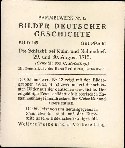 Sammelbild Bilder deutscher Geschichte Nr. 145, Schlacht bei Kulm und Nollendorf 1813, Reemtsma 1935