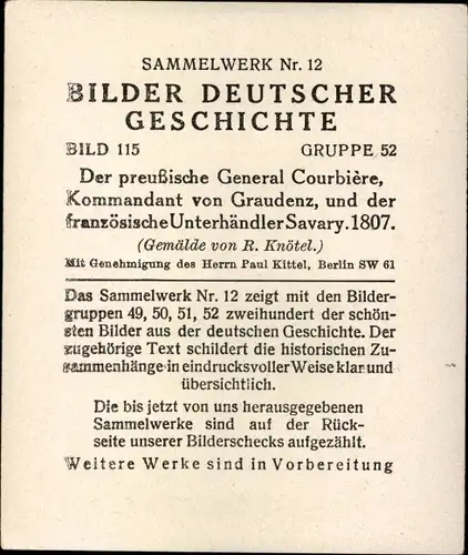 Sammelbild Bilder deutscher Geschichte Nr. 115, General Courbiere und Savary 1807, Reemtsma 1935