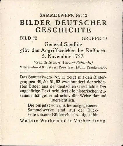 Sammelbild Bilder deutscher Geschichte Nr. 72, General Seydlitz bei Roßbach 1757, Reemtsma 1935