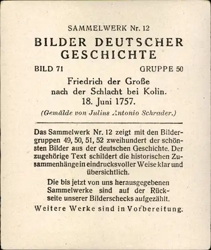 Sammelbild Bilder deutscher Geschichte Nr. 71 Friedrich der Große, Kolin 1757, Reemtsma 1935