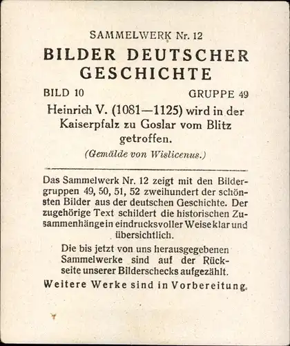 Sammelbild Bilder deutscher Geschichte Nr.10, Heinrich V. vom Blitz getroffen, Goslar, Reemtsma 1935