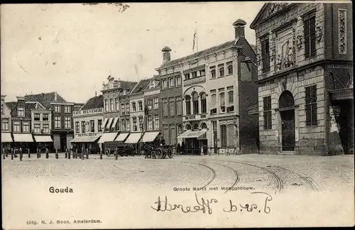 Ak Gouda Südholland Niederlande, Groote Markt met Waaggebouw