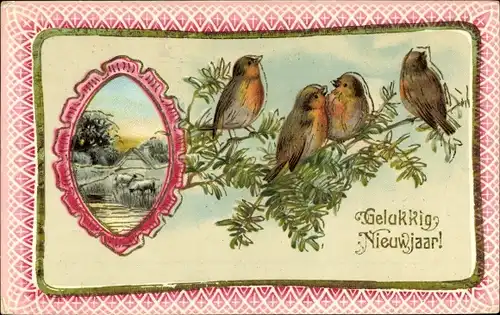 Passepartout Ak Glückwunsch Neujahr, Vögel am Baum, Dorfpartie