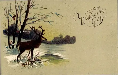 Ak Glückwunsch Weihnachten, Hirsch, Bäume, Winterszene