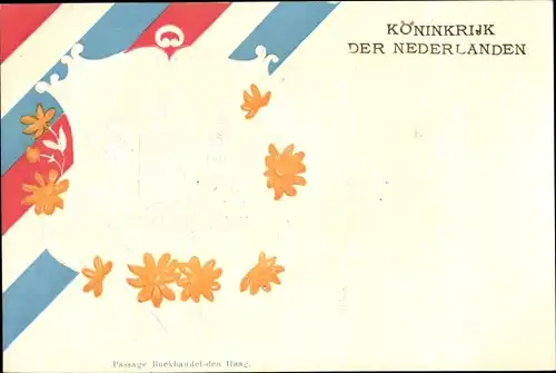 Präge Wappen Ak Koninkrijk der Nederlanden, Löwen, Blumen, Passage Bockhandel den Haag