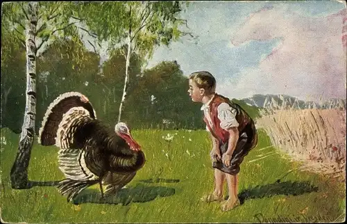 Künstler Ak Donadini, A. E., Truthuhn und Junge, Birken, Getreide
