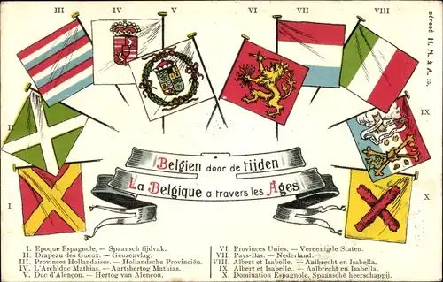 Ak La Belgique a travers les Ages, Belgische Flaggen