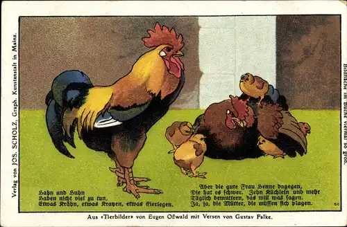 Künstler Ak Oßwald, Eugen, Hahn, Huhn, Küken, Tierbilder, Verse v. Gustav Falke