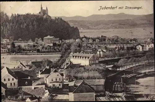 Ak Judendorf Straßengel Steiermark, Totalansicht der Ortschaft, Bahnhof, Gleisseite