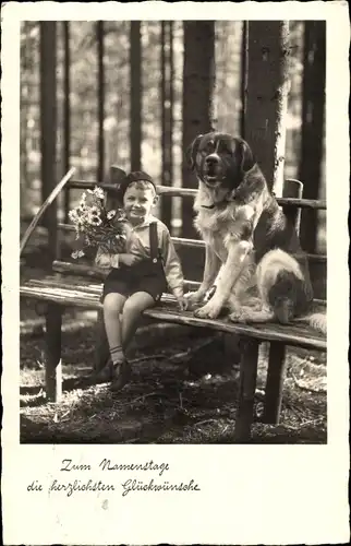 Ak Glückwunsch Namenstag, Kind mit Blumenstrauß, Bernhardiner