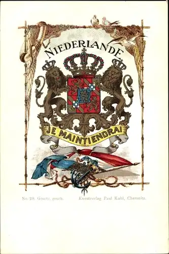 Wappen Litho Niederlande, Löwen, Krone, Fahne, Je Maintientrai