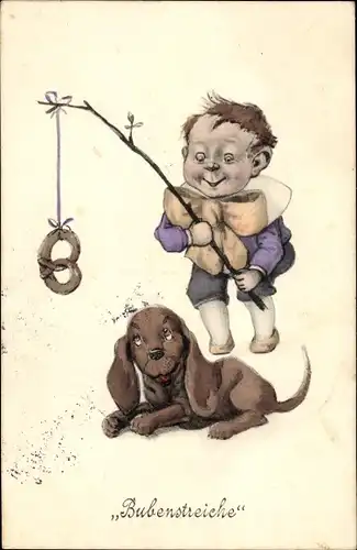 Ak Bubenstreiche, Junge mit Brezel an Angelrute, Hund