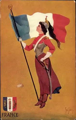 Wappen Künstler Ak John, St., Frankreich, France, Frau mit Landesflagge