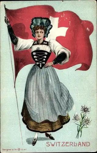 Ak Schweiz, Frau in Volkstracht mit Landesflagge