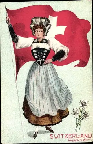 Ak Schweiz, Frau in Volkstracht mit Landesflagge