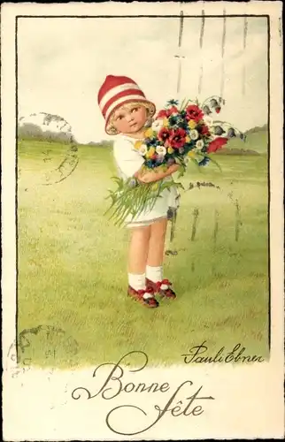 Künstler Ak Ebner, Pauli, Glückwunsch Geburtstag, Kind mit Blumen, Bonne Fete
