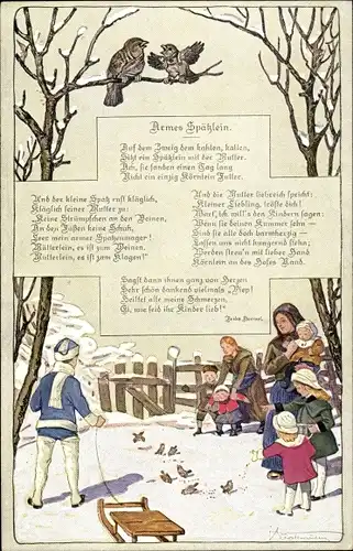 Künstler Ak Gedicht Armes Spätzlein, Kinder mit Schlitten füttern Vögel, Kriegskinderspende