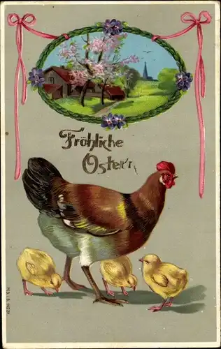 Ak Glückwunsch Ostern, Henne mit Küken, Dorf, Blühende Bäume