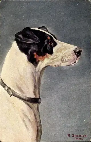 Künstler Ak Greiner, A., Terrier, Jagdhund, Portrait