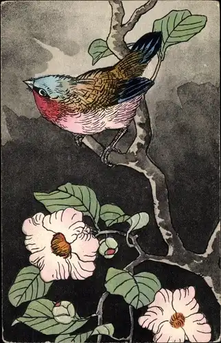 Ak Vogel am blühenden Baum