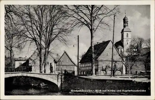 Ak Großschönau in der Oberlausitz Sachsen, Kirche und Kupferhausbrücke
