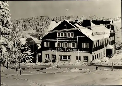 Ak Mühlleithen Klingenthal im Vogtland Sachsen, HO Hotel Buschhaus, Winter