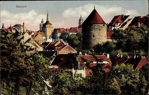 Ak Bautzen in der Lausitz, Totalansicht, Rundturm, Kirche