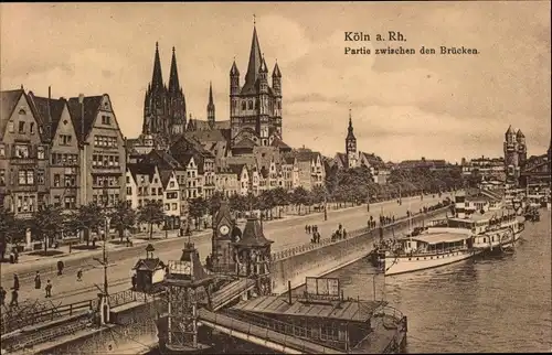 Ak Köln am Rhein, Partie zwischen den Brücken, Dom, Schiffe