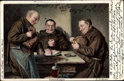 Künstler Ak Grützner, E., Vorbereitungen, Mönche am Tisch, Bier, Brot, Fleisch