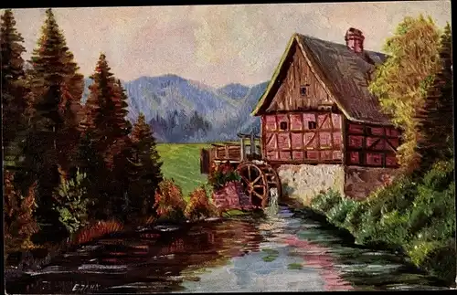 Künstler Ak Jahn, E., Mühle im Frankenwald, Wassermühle