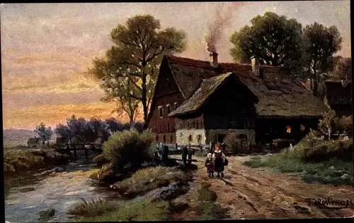 Künstler Ak Heilinger, P., Landschaft, Kinder, Bauernhof, Flusspartie