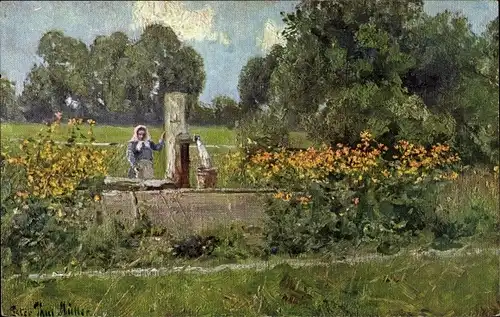Künstler Ak Müller, Peter Paul, Frau an einem Brunnen