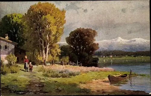 Künstler Ak Heilinger, P., Landschaft mit Gebirge, Boot am Ufer