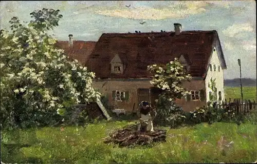 Künstler Ak Müller, P. P., Ältere Frau arbeitet in ihrem Garten, Wohnhaus