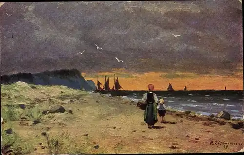 Künstler Ak Frau mit Kind an einem Strand, Fischerboote