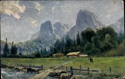 Künstler Ak Landschaft mit Bauernhaus und Gebirge