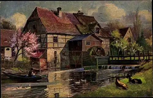 Künstler Ak Merker, W., Landschaft mit Wassermühle, Angler im Boot
