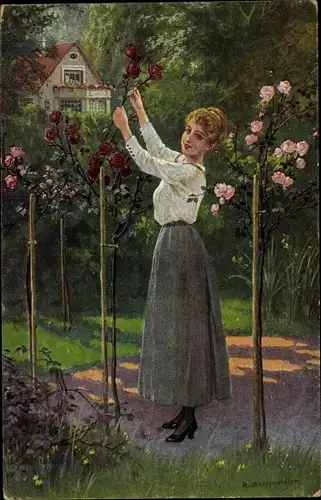 Künstler Ak Borrmeister, R., Rosenmond, Frau im Garten