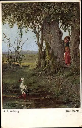 Künstler Ak Humborg, A., Der Storch, Kind, Mann