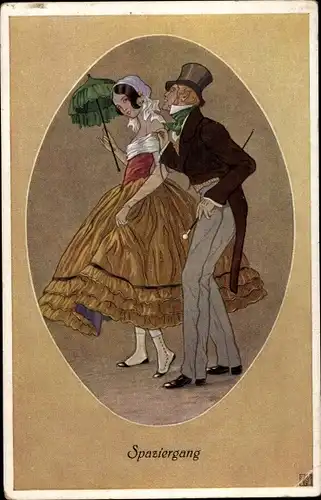 Künstler Ak Spaziergang, Mann im Frack, Frau mit Sonnenschirm
